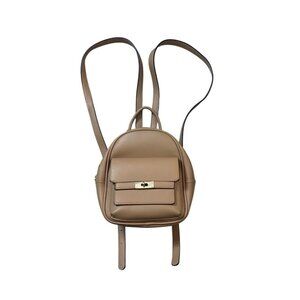 Tan Faux Leather Mini Backpack With Gold Hardware & Chain Print Lining